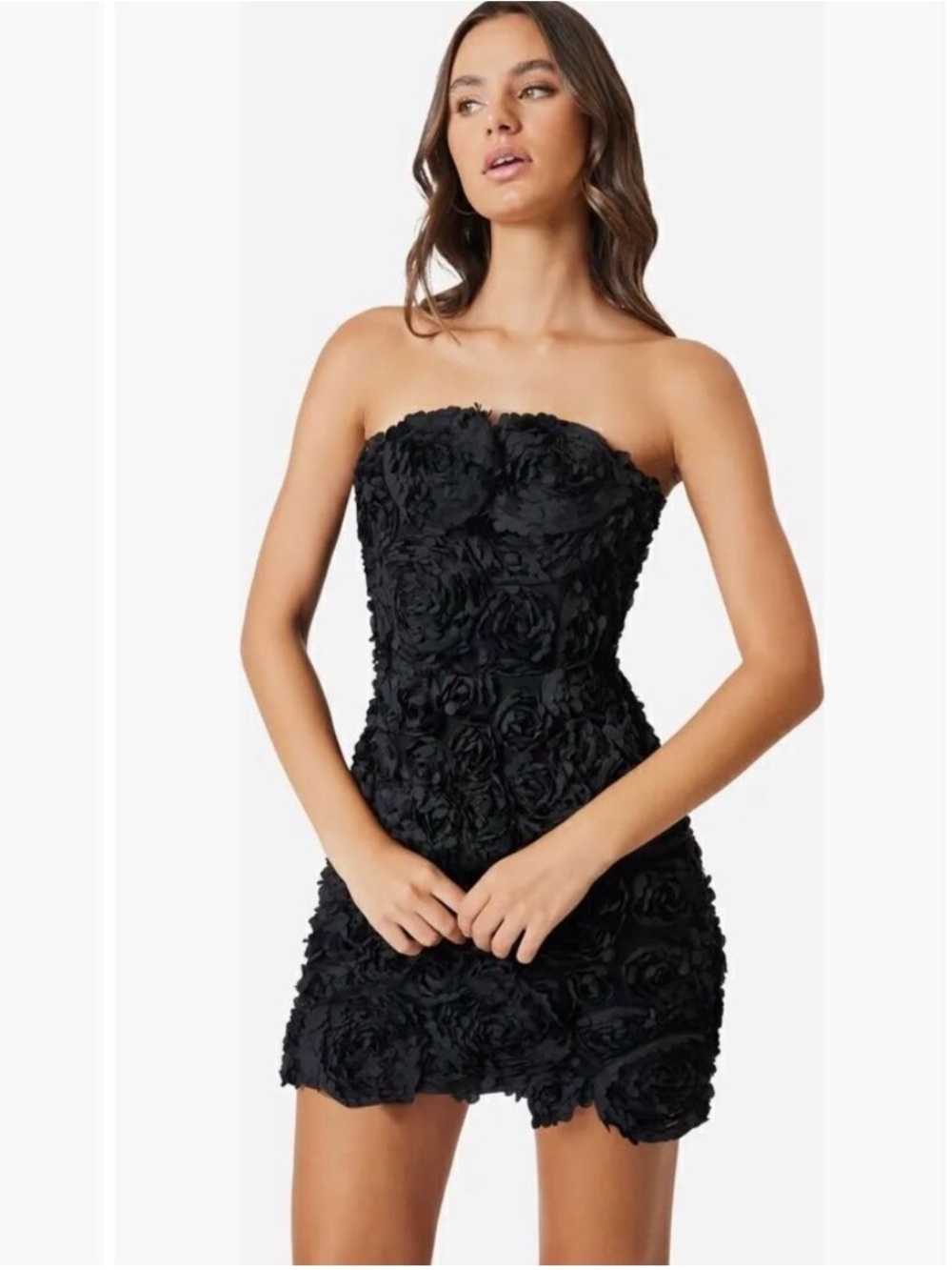 Elliatt Strapless Megan 3D Black Floral Appliqué Mini Dress